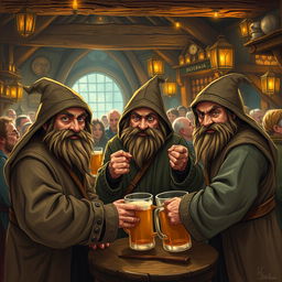 Three cunning hobbits gather in the lively setting of a medieval tavern, their eyes glinting with mischief as they orchestrate an elaborate scam