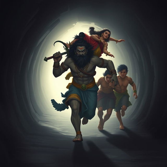 The mighty Bhima, with powerful and determined strides, carrying his mother Kunti on his back, running with his four brothers through a shadowy tunnel