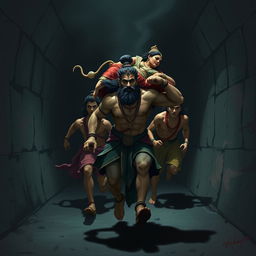 The mighty Bhima, with powerful and determined strides, carrying his mother Kunti on his back, running with his four brothers through a shadowy tunnel