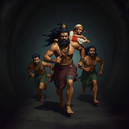 The mighty Bhima, with powerful and determined strides, carrying his mother Kunti on his back, running with his four brothers through a shadowy tunnel