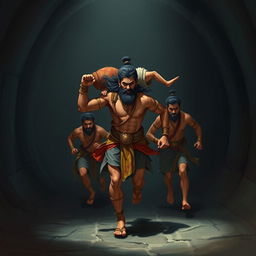 The mighty Bhima, with powerful and determined strides, carrying his mother Kunti on his back, running with his four brothers through a shadowy tunnel