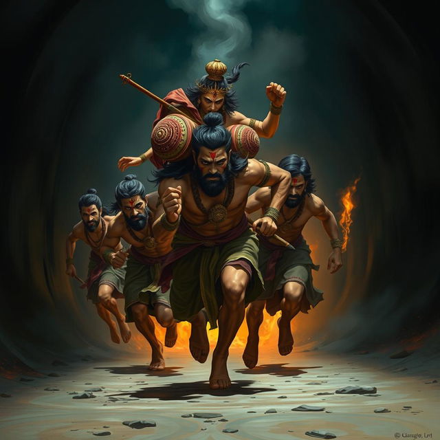 The mighty Bhima carrying his mother Kunti on his strong back, dashing with his four brothers through a dark, mysterious tunnel as they flee from the pursuing flames