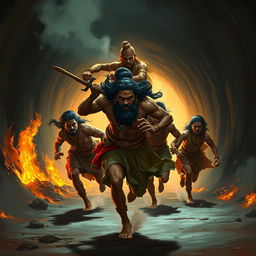 The mighty Bhima carrying his mother Kunti on his strong back, dashing with his four brothers through a dark, mysterious tunnel as they flee from the pursuing flames