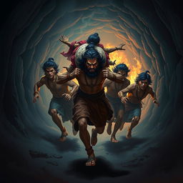 The mighty Bhima carrying his mother Kunti on his strong back, dashing with his four brothers through a dark, mysterious tunnel as they flee from the pursuing flames