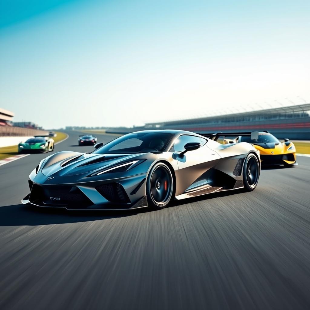 A fusion of a Corvette C8 and Aston Martin Valkyrie AMR Pro hybrid design, showcasing ultra-modern, sleek, and aerodynamic features on a racetrack