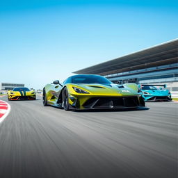 A fusion of a Corvette C8 and Aston Martin Valkyrie AMR Pro hybrid design, showcasing ultra-modern, sleek, and aerodynamic features on a racetrack