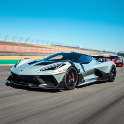 A fusion of a Corvette C8 and Aston Martin Valkyrie AMR Pro hybrid design, showcasing ultra-modern, sleek, and aerodynamic features on a racetrack