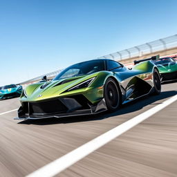 A fusion of a Corvette C8 and Aston Martin Valkyrie AMR Pro hybrid design, showcasing ultra-modern, sleek, and aerodynamic features on a racetrack