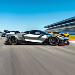 A fusion of a Corvette C8 and McLaren Senna GTR hybrid design, showcasing cutting-edge aerodynamic features and aggressive styling on a racetrack