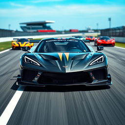 A fusion of a Corvette C8 and McLaren Senna GTR hybrid design, showcasing cutting-edge aerodynamic features and aggressive styling on a racetrack