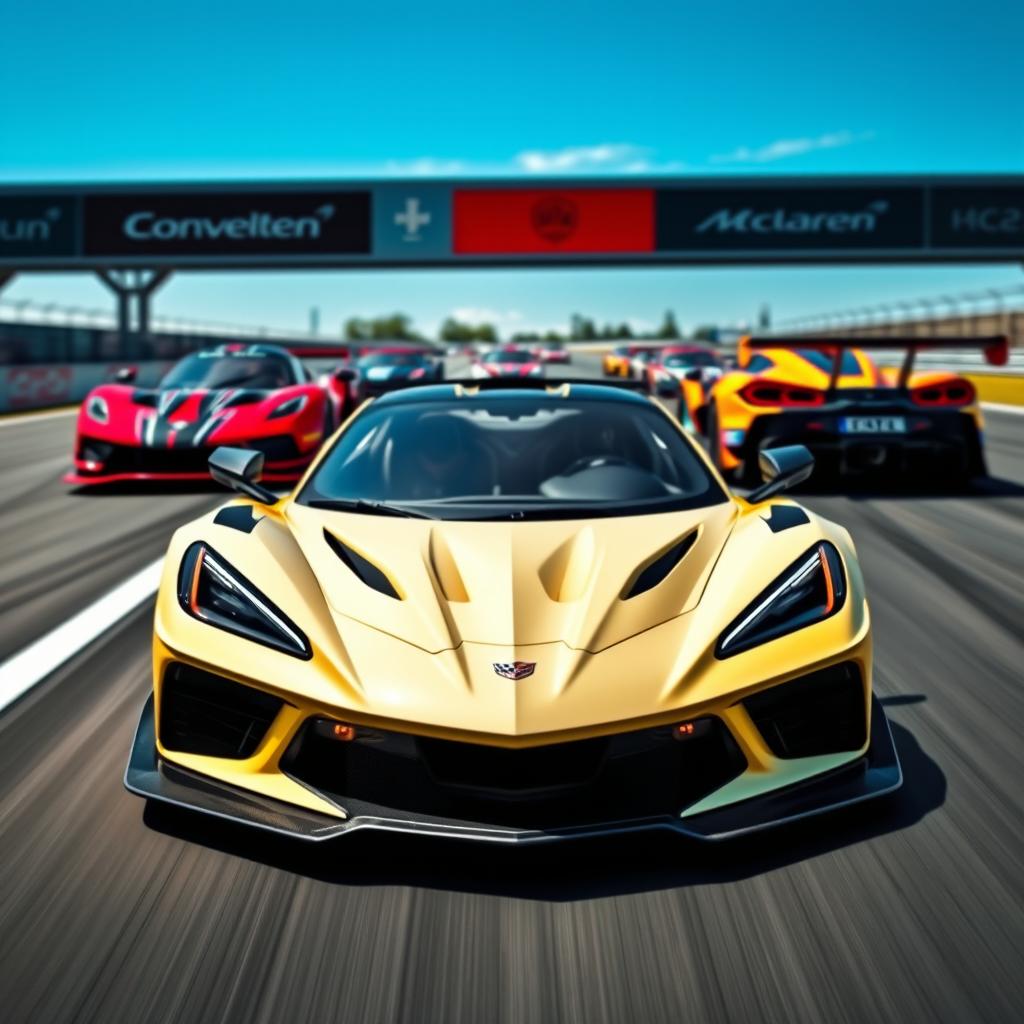 A fusion of a Corvette C8 and McLaren Senna GTR hybrid design, showcasing cutting-edge aerodynamic features and aggressive styling on a racetrack