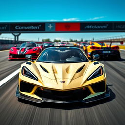 A fusion of a Corvette C8 and McLaren Senna GTR hybrid design, showcasing cutting-edge aerodynamic features and aggressive styling on a racetrack