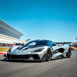 A fusion of a Corvette C8 and McLaren Senna GTR hybrid design, showcasing cutting-edge aerodynamic features and aggressive styling on a racetrack