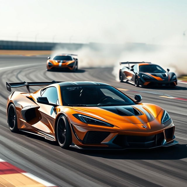 A dynamic scene featuring a hybrid of a Corvette C8 and McLaren Senna GTR, showcasing sleek aerodynamic design and aggressive styling, drifting gracefully on a racetrack