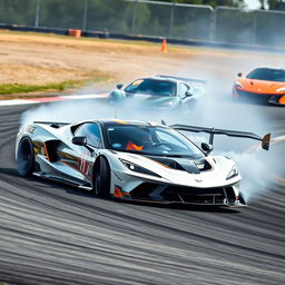 A dynamic scene featuring a hybrid of a Corvette C8 and McLaren Senna GTR, showcasing sleek aerodynamic design and aggressive styling, drifting gracefully on a racetrack