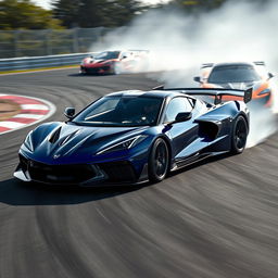 A dynamic scene featuring a hybrid of a Corvette C8 and McLaren Senna GTR, showcasing sleek aerodynamic design and aggressive styling, drifting gracefully on a racetrack