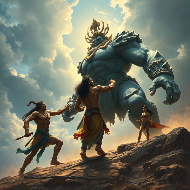 The mighty Bhima, with unparalleled strength and determination, engaged in an epic battle against Hidimba, the formidable giant king