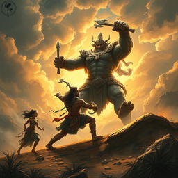 The mighty Bhima, with unparalleled strength and determination, engaged in an epic battle against Hidimba, the formidable giant king