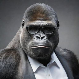 A muscular and smart-looking gorilla wearing sophisticated glasses.