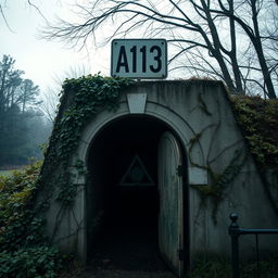 A mysterious scene featuring an A113 sign positioned above an aged, weathered entrance to a secret tunnel