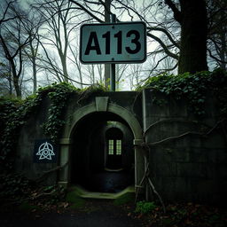 A mysterious scene featuring an A113 sign positioned above an aged, weathered entrance to a secret tunnel