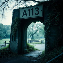 A mysterious scene featuring an A113 sign positioned above an aged, weathered entrance to a secret tunnel