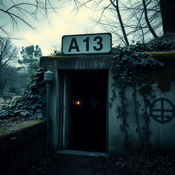 A mysterious scene featuring an A113 sign positioned above an aged, weathered entrance to a secret tunnel