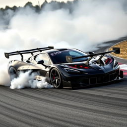 A thrilling depiction of a hybrid car combining the design elements of the Corvette C8 and McLaren Senna GTR, showcasing a sleek and aggressive aerodynamic profile