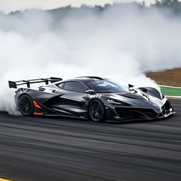 A thrilling depiction of a hybrid car combining the design elements of the Corvette C8 and McLaren Senna GTR, showcasing a sleek and aggressive aerodynamic profile