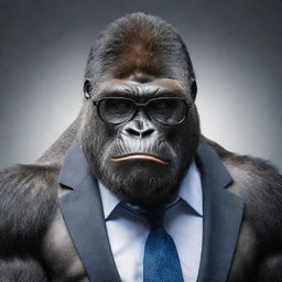 A muscular and smart-looking gorilla wearing sophisticated glasses.