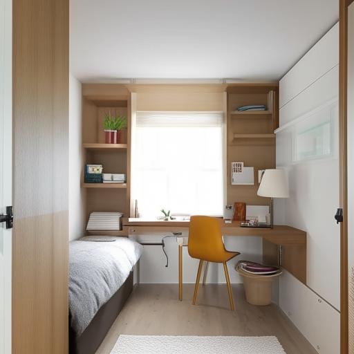 A 13ft x 8ft cozy bedroom with a neatly arranged study table, an elegant vanity, and a comfortable reading space in a harmonious layout optimized for compact spaces.