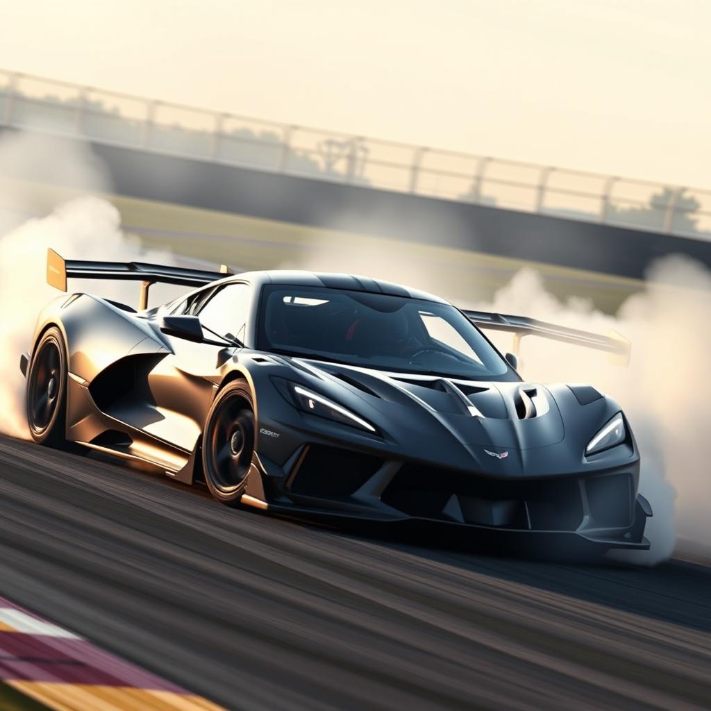 A thrilling depiction of a hybrid car combining the design elements of the Corvette C8 and McLaren Senna GTR, showcasing a sleek and aggressive aerodynamic profile