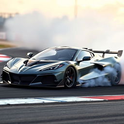 A thrilling depiction of a hybrid car combining the design elements of the Corvette C8 and McLaren Senna GTR, showcasing a sleek and aggressive aerodynamic profile