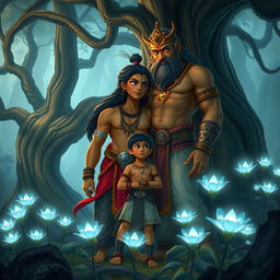 In a mystical forest setting, Bhima stands proudly next to the giant clan princess, Hidimbi, both gazing with pride and love at their young son