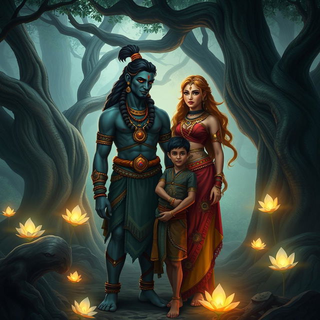 In a mystical forest setting, Bhima stands proudly next to the giant clan princess, Hidimbi, both gazing with pride and love at their young son