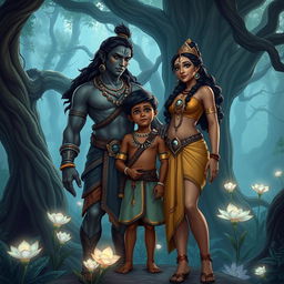 In a mystical forest setting, Bhima stands proudly next to the giant clan princess, Hidimbi, both gazing with pride and love at their young son