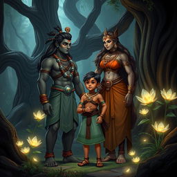 In a mystical forest setting, Bhima stands proudly next to the giant clan princess, Hidimbi, both gazing with pride and love at their young son