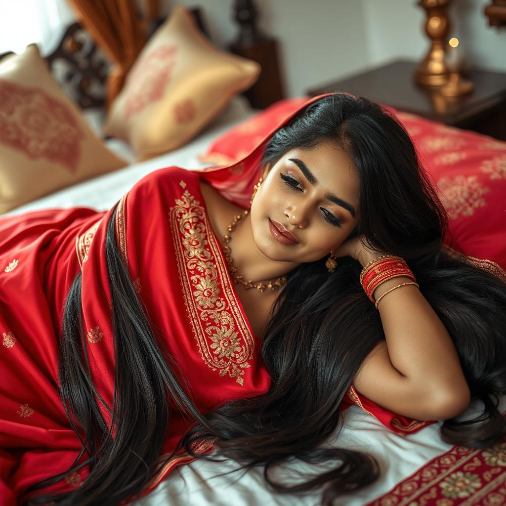 A beautiful Desi girl lying flat on her bed, adorned in a traditional red saree fully covering her, with intricate gold embroidery