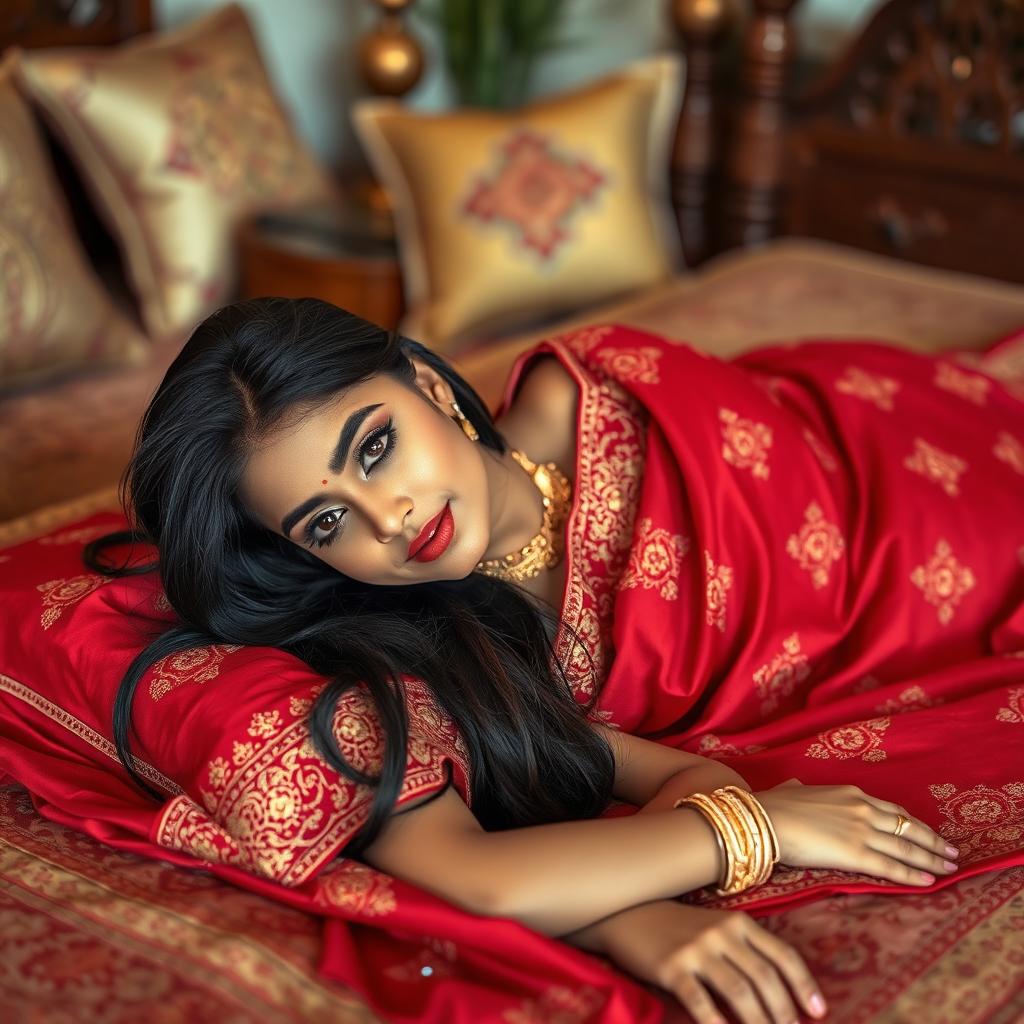 A beautiful Desi girl lying flat on her bed, adorned in a traditional red saree fully covering her, with intricate gold embroidery