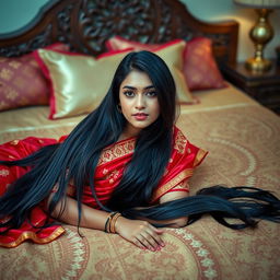 A beautiful Desi girl lying flat on her bed, adorned in a traditional red saree fully covering her, with intricate gold embroidery