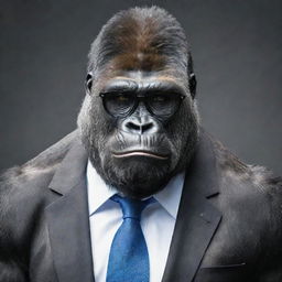 A muscular and smart-looking gorilla wearing sophisticated glasses.