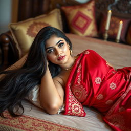 A beautiful Desi girl lying flat on her bed, adorned in a traditional red saree fully covering her, with intricate gold embroidery