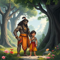 In a serene landscape where nature reigns supreme, Bhima, with his strong human stature, stands proudly beside the enchanting giant clan princess, Hidimbi