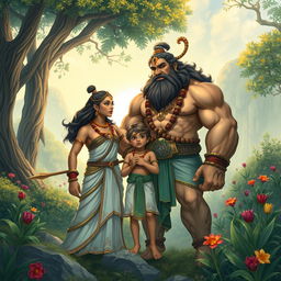 In a serene landscape where nature reigns supreme, Bhima, with his strong human stature, stands proudly beside the enchanting giant clan princess, Hidimbi