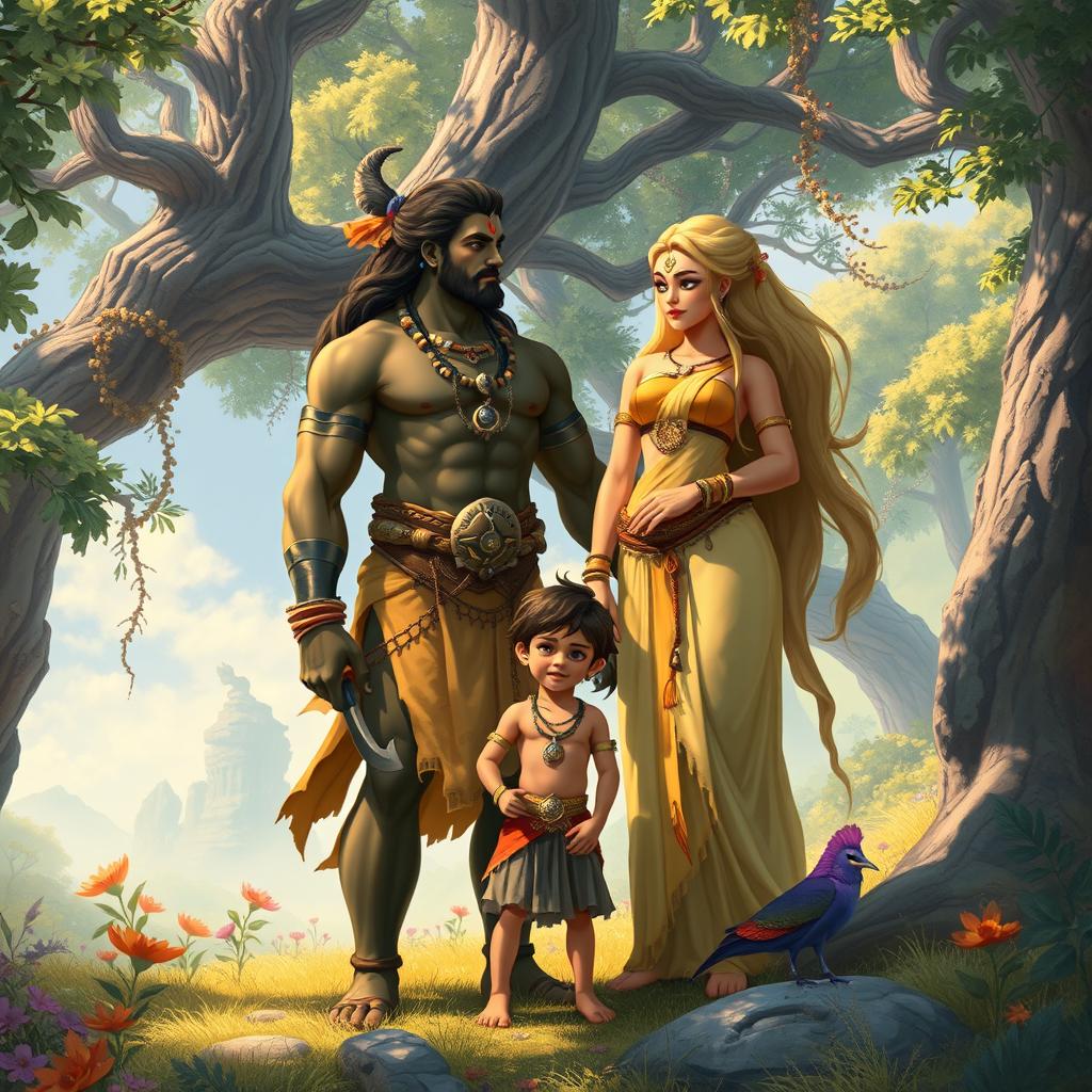 In a serene landscape where nature reigns supreme, Bhima, with his strong human stature, stands proudly beside the enchanting giant clan princess, Hidimbi