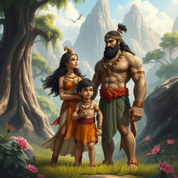 In a serene landscape where nature reigns supreme, Bhima, with his strong human stature, stands proudly beside the enchanting giant clan princess, Hidimbi