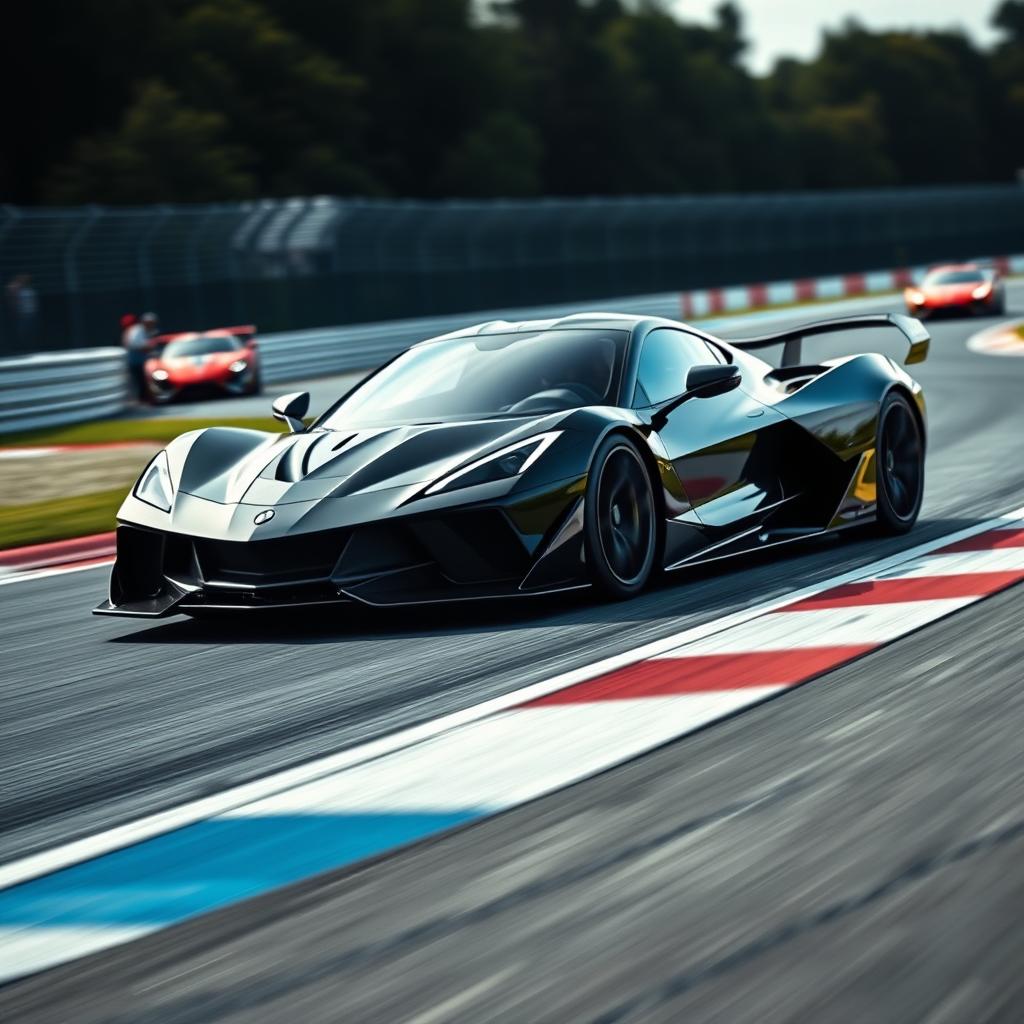 An exhilarating image of a hybrid design mixing the elements of a Corvette C8 and Ferrari SF90XX, featuring state-of-the-art aerodynamics and performance styling on a racetrack