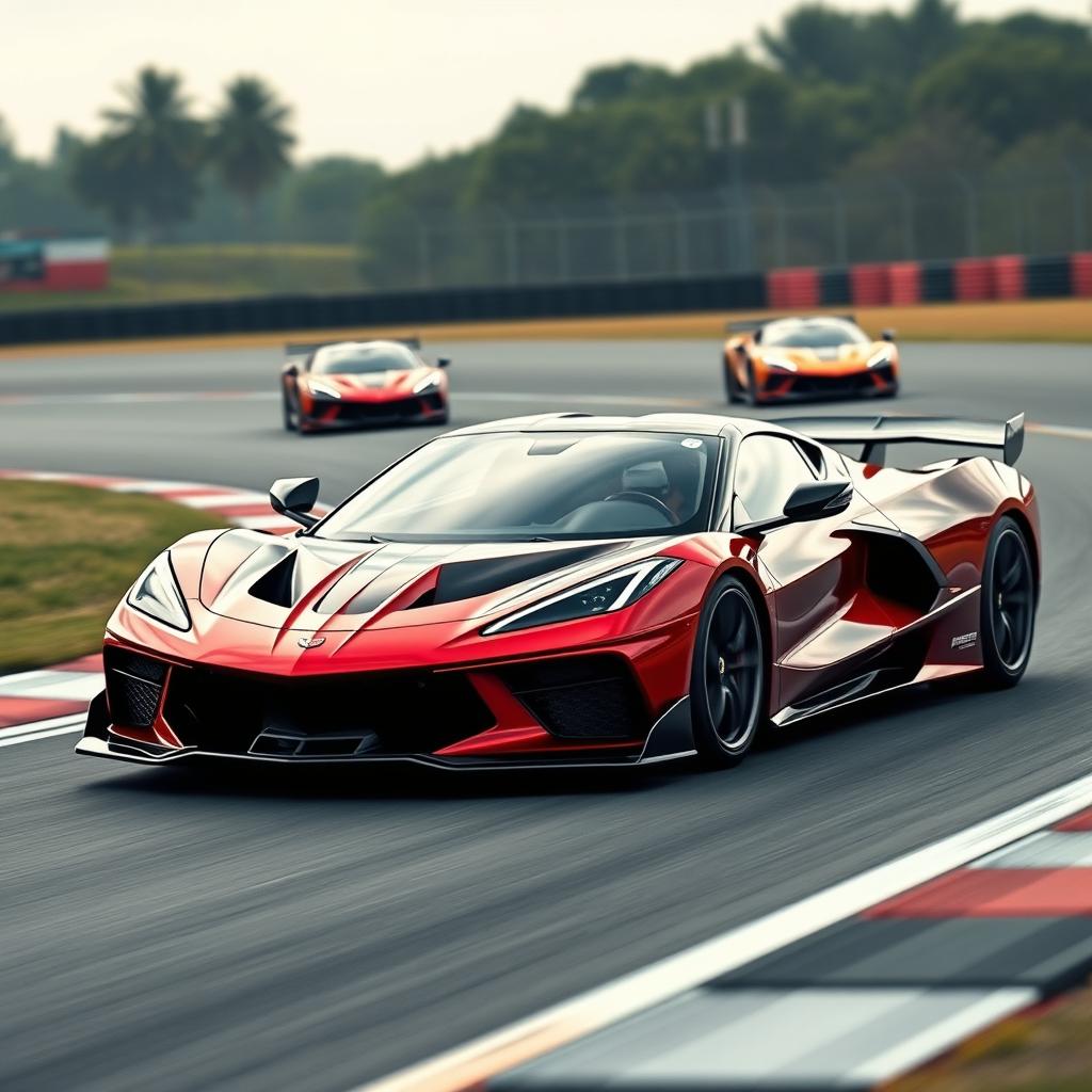 An exhilarating image of a hybrid design mixing the elements of a Corvette C8 and Ferrari SF90XX, featuring state-of-the-art aerodynamics and performance styling on a racetrack