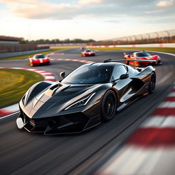 An exhilarating image of a hybrid design mixing the elements of a Corvette C8 and Ferrari SF90XX, featuring state-of-the-art aerodynamics and performance styling on a racetrack