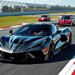 An exhilarating image of a hybrid design mixing the elements of a Corvette C8 and Ferrari SF90XX, featuring state-of-the-art aerodynamics and performance styling on a racetrack